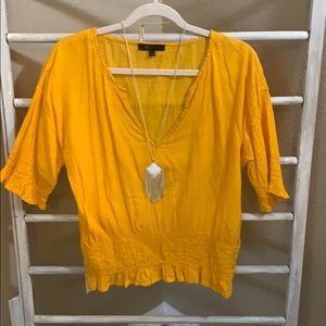 FRYE, Mustard Yellow pleated gather waist blouse L